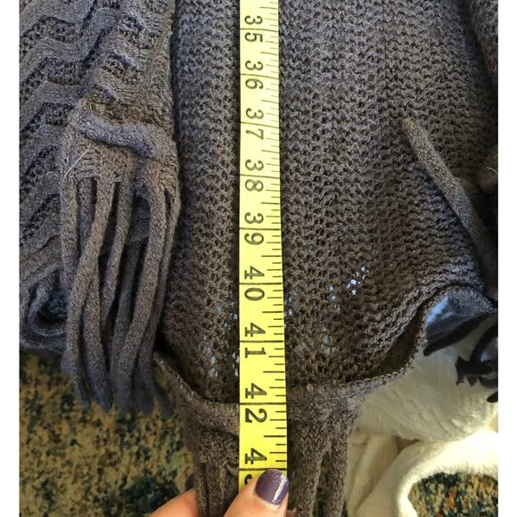 Open Front Chevron Knit Long Cardigan Duster Brown Fringe OS Y2K Boho Festival - Picture 9 of 9